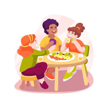 Yemek sanatı, karikatür vektör çizimini izole etti. Yaratıcı yemek pişirme, sağlıklı beslenme alışkanlığı, çocuklar beslenme, anaokulu aktivitesi, erken eğitim merkezi, anaokulu çizgi filmi.
