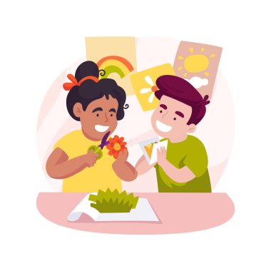 El yapımı sunumlar izole edilmiş çizgi film vektör çizimleri. Ebeveynler için hediye, el yapımı kart, yaratıcılık ve hayal gücü gelişimi, yaratıcı kağıt işi vektör karikatürü yapan çocuklar..