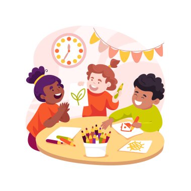 Çizim dersleri izole edilmiş vektör çizimi. Anaokulu çocukları için resim dersi, erken eğitim, sınıfta çizim yapan çocuklar, sanat sınıfı, çocuk yaratıcılığı geliştirme vektörü.