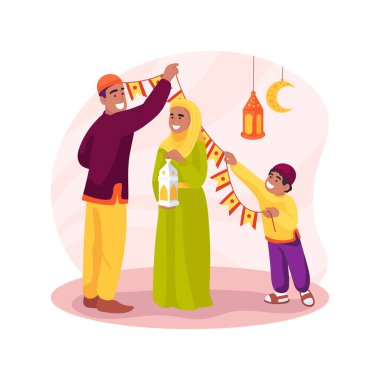 Ev dekorasyonu izole edilmiş karikatür vektör çizimi. Dini şenlikler, ailelerle kutsal bir gün, Ramazan kutlamaları için güzel bir dekor, İslami insanlar evdeki çizgi filme fener asıyor..