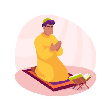 Ramazan Dua karikatür vektör illüstrasyonunu izole etti. İslam dini festivali, camide kutsal ay, Ramazan kutlaması, oruç, maneviyat duası, selamlaşma karikatürü..