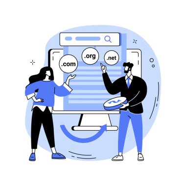 Alan adı, izole edilmiş çizgi film vektör çizimleri ticareti. Erkek satış alanı adları, internet reklamları, seo pazarlama hizmetleri, bağlam reklamları, reklam kampanyası, çevrimiçi iş vektörü karikatürü.
