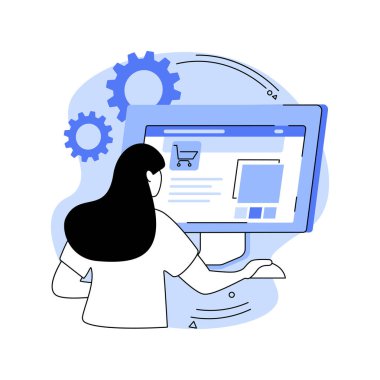Çevrimiçi dükkan oluşturmak karikatür vektör çizimleri. İş kadını kendi online e-ticaret platformunu yarattı, marka tanıtımı, bilişim sektörü, profesyonel servis vektör karikatürü.