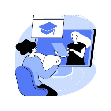 Okul programı öğretmeni karikatür vektör çizimlerini izole etti. Öğretmen çevrimiçi ders veriyor, uzak iş, profesyonel ders servisi, öğrenci vektör karikatürü ile video konferansı.