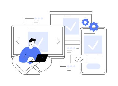 Platformlar arası gelişim soyut konsept vektör çizimi. Çapraz platform işletim sistemleri, uyumlu yazılım ortamları, mobil uygulama kullanıcı deneyimi, kod yazma soyut metaforu.