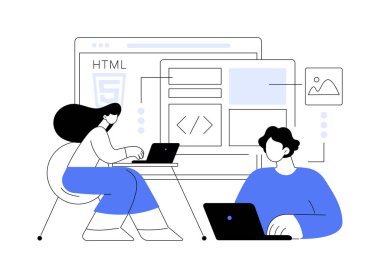 HTML5 web sitesi geliştirme soyut konsept vektör çizimi. HTML5 geliştirme, web sitesi tasarım ögesi, menü çubuğu, ilgili iniş sayfası, kullanıcı deneyimi soyut metaforu.