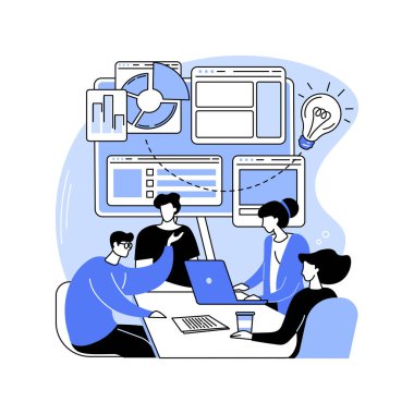 Karikatür vektör çizimlerini izole ederek bir iş planı geliştiriyorum. Bir grup IT başlangıç uzmanı ofiste yeni bir proje, iş planı oluşturma, beyin fırtınası süreci vektör karikatürü hakkında tartışıyorlar..