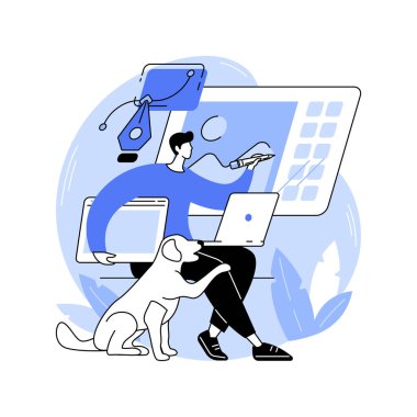 Grafik tasarımcısı karikatür vektör çizimlerini izole etti. Evden çalışan profesyonel grafik tasarımcısı, dizüstü, çevrimiçi iş dünyası, bilişim sektörü, uzaktan çalışma vektör karikatürü kullanarak logo oluşturun.