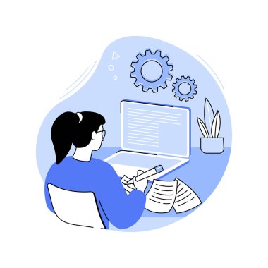 İzole edilmiş çizgi film çizimleri kopyalıyor. Dizüstü bilgisayar, serbest iş, uzaktan çalışma, kopyalama süreci, çevrimiçi iş vektörü karikatürü kullanarak konsantre kadın makalesi yazıyor.