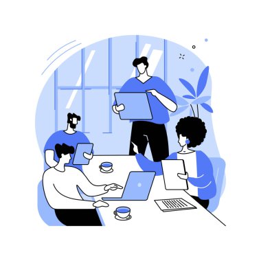 Müşteriyle tanışmak karikatür vektör çizimlerini izole etti. Reklam ajansı çalışanları çeşitli müşterilerle tanışıyor, ticari pazarlama, marka tanıtım stratejisi, profesyonel servis vektör karikatürü.