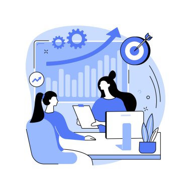 Bir müşteriyle yapılan brifing karikatür vektör çizimlerini izole etti. Pazarlama ajansı çalışanı müşteriyle konuşuyor, marka tanıtımı, profesyonel reklam hizmeti karikatürü hakkında konuşuyor..