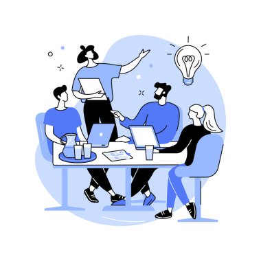 Yaratıcı ekiple beyin fırtınası yapmak karikatür vektör çizimlerini izole etti. Çeşitli insanlardan oluşan bir grup kampanya fikri, reklam ajansı takım çalışması, marka tanıtım stratejisi vektör karikatürü üretiyor.