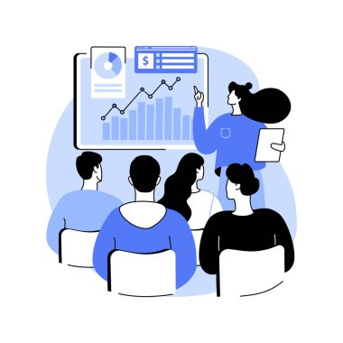 Projenin kapatılması karikatür vektör çizimleri. Takım lideri proje, başarılı takım çalışması, organizasyon, bilişim endüstrisi, iş geliştirme stratejisi vektör karikatürü sunumu yapıyor.