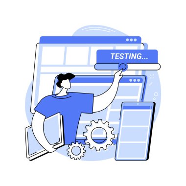 Kullanılabilirlik testi izole edilmiş karikatür vektör çizimleri. Mobil uygulamaların kullanılabilirliğini test eden adam, kullanım analitik raporu, UX tasarım endüstrisi, bilişim şirketi, yazılım geliştirme vektör karikatürü.