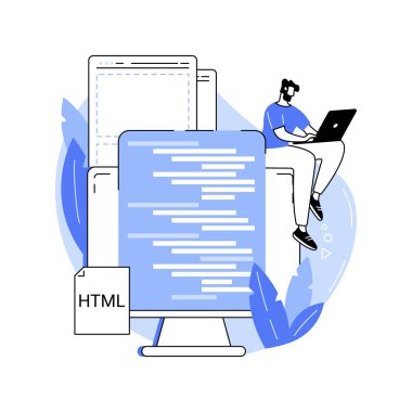 HTML izole edilmiş çizgi film vektör çizimleri kodluyor. Web sitesi, kodlama, bilişim endüstrisi, gömülü resimler ve videolar oluşturan ön uç geliştirici, form, HTML programlama dili vektör karikatürü.