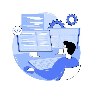 DevOps mühendisliği karikatür vektör çizimleri. IT şirketinin arka uç geliştiricisi DevOps yazılım mühendisliği, programlama süreci, dijital veritabanı vektör karikatürü ile çalışıyor.