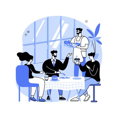 Meslektaşlarımla öğle yemeği izole edilmiş karikatür vektör çizimleri. Kahvede öğle yemeği yiyen gülümseyen meslektaşlar, insanların yaşam tarzı, restoranda yemek yemek, garson vektör karikatürü siparişi alır..