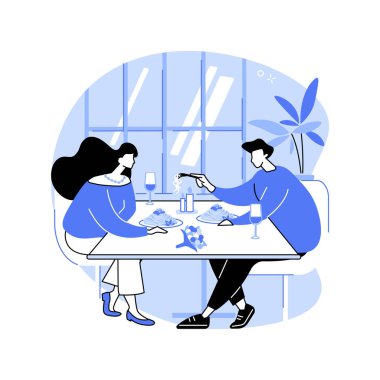İtalyan restoranı karikatür vektör resimlerini izole etti. Lüks bir restoranda İtalyan makarnası yiyen genç bir çift, romantik bir ilişki, ilk buluşma yemeği, insanların yaşam tarzı vektör çizgi filmi..