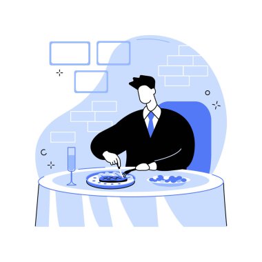 Biftek evi karikatür vektör çizimlerini izole etti. Aç adam lezzetli bir Arjantin bifteğini bıçakla, yemek menüsüyle, dışarıda yemek yiyerek, restoranda yemek yiyerek, et vektör çizgi filmiyle keser..