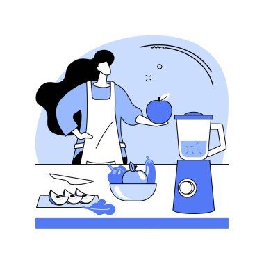 Vejetaryen yemekleri izole edilmiş çizgi film çizimleri. Vejetaryen sporcu kız mutfakta yemek pişiriyor, ev yapımı yemekler, sağlıklı besleniyor, sebze salatası hazırlıyor, organik vitamin vektör karikatürü çiziyor..