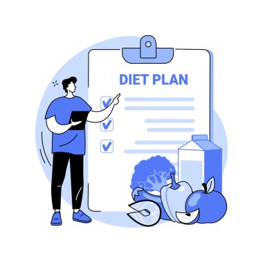 Flexitarian yemek planı karikatür vektör çizimlerini izole etti. Flexitarian diyet planı, masadaki çeşitli yiyecekler, taze meyve ve sebzeler, çiğ et, sağlıklı beslenme vektör karikatürü.