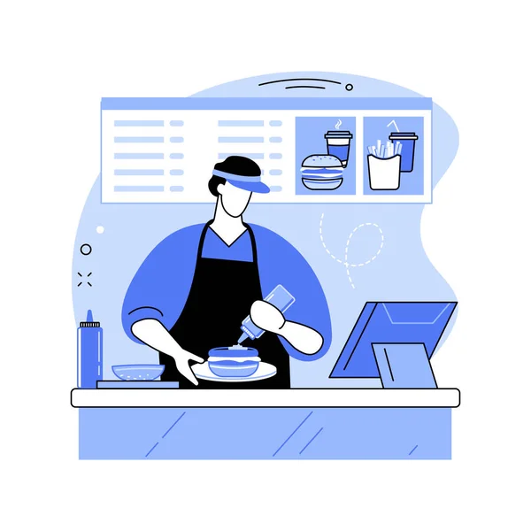 ファーストフード調製隔離された漫画のベクトルイラスト ファーストフードレストランの労働者は ハンバーガーを準備 プロの人々 サービス業 Hrecaビジネス サンドイッチベクトル漫画を作る — ストックベクタ