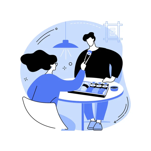 Sushi Umístit Izolované Kreslené Vektorové Ilustrace Happy Couple Eating Sushi — Stockový vektor