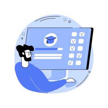 Çevrimiçi muayene, karikatür vektör çizimlerini izole etti. Odaklanmış adam online sınav formu dolduruyor ve not alıyor, salgın sırasında eğitim süreci, öğrenci yaşam tarzı vektör karikatürü.