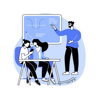 Dikkatsiz öğrenciler karikatür vektör çizimlerini izole ettiler. Akıllı telefon kullanan ve öğretmeni dinlemeyen güzel kızlar, eğitim sürecinden, öğrenci yaşam tarzı vektör karikatüründen uzaklaşırlar..