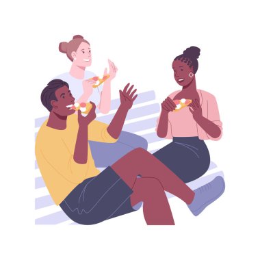 Italian pizza isolated cartoon vector illustrations. Group of people eating delicious pizza together outdoors, fast food addiction, teenagers lifestyle, leisure time with friends vector cartoon.