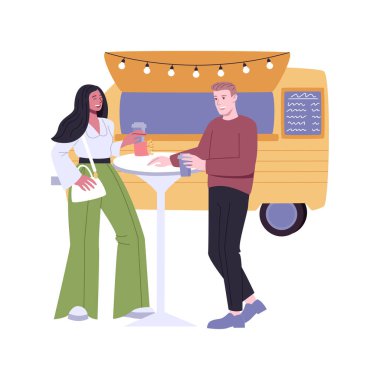 Enjoying the meal isolated cartoon vector illustrations. Couple enjoying delicious street food near truck, eating out together at food festival, first date, having fun outdoors vector cartoon.