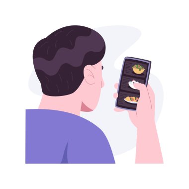 Çevrimiçi izole çizgi film çizimleri düzenliyorum. Ellerinde telefon tutan ve internetten yiyecek alan genç adam, İnternet üzerinden market alışverişi, kaldırım kenarı servis hizmeti karikatürü.