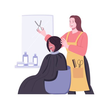 Salon saç kesimi karikatür vektör çizimleri. Genç kız kuaförde saç kesiyor, insanların yaşam tarzı, dış görünüş bakımı, vücut bakımı, makas vektör karikatürü tutuyor..