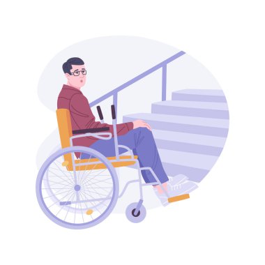 İzole edilmiş çizgi film vektör çizimlerine erişim sorunları. Engelli adam merdivenlere tırmanmakta zorlanıyor, tekerlekli sandalyedeki insanlar, rampa sorunları, ulaşılabilir şehir, bariyersiz çevre vektörü çizgi filmi.
