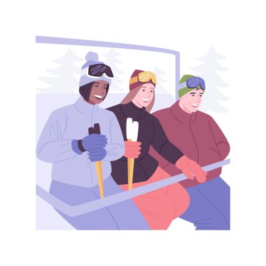 Kayak kaldırma karikatür vektör çizimleri. Gülümseyen insanlar kış tatillerinde füniküle binerler, kayak asansöründe birlikte eğlenirler, karlı havada, aşırı vektör çizgi filmi çekerler..