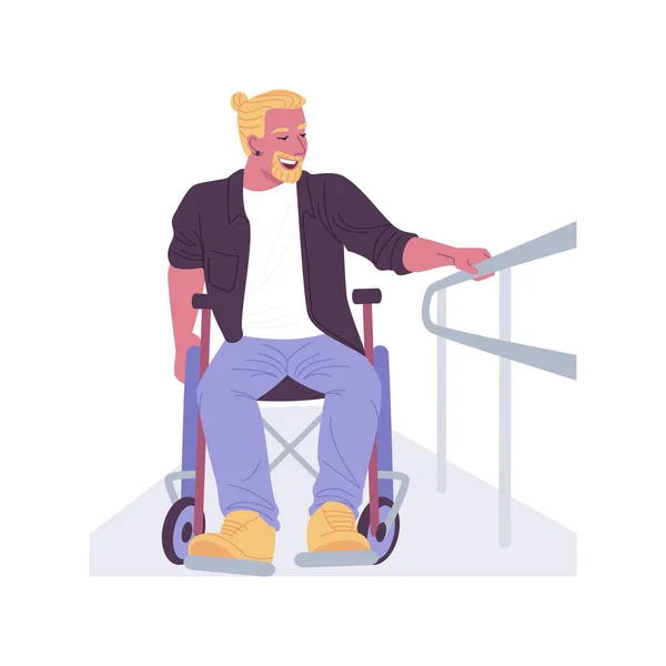 访问坡道隔离卡通矢量插图 轮椅上的人使用坡道 残疾人生活方式 残疾人无障碍城市 无障碍环境矢量漫画 — 图库矢量图片
