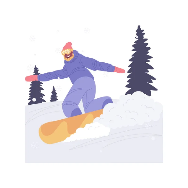 斜坡上孤立的卡通矢量图解 穿着头盔的少女独自在斜坡上滑雪板 多雪的天气 冬季极限运动 度假时间 户外活动矢量卡通片 — 图库矢量图片
