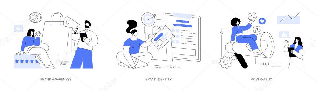 Brand management abstract concept vector illustration set. Brand awareness, identity design, PR strategy, business card, logo template, communication with target audience, metrics abstract metaphor.
