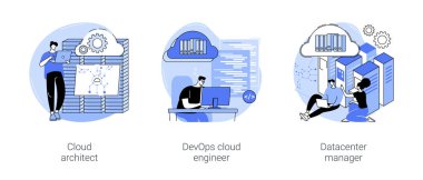 Bulut mühendisliği karikatür vektör çizimleri ayarlandı. Bulut güvenlik mimarı, DevOps mühendisi, kenar hesaplama, dizüstü bilgisayarlı veri merkezi yöneticisi, bilişim endüstrisi vektör karikatürü sorunu.