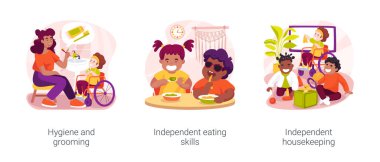 Children with disabilities self-care skills isolated cartoon vector illustration set. Hygiene and grooming, independent eating skills, independent housekeeping, inclusive daycare vector cartoon.