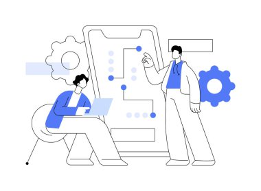 Mobil uygulama geliştirme kursları soyut konsept vektör çizimi. Ön yüzey kursları, kıdemsiz bir APP geliştiricisi olmak, bilişim şirketi işleri, etkileşimli çevre uygulamaları soyut metafor.