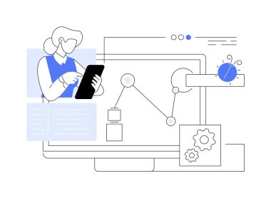 Otomasyon testi soyut konsept vektör çizimi. Yazılım testi çözümü, geliştirme süreci otomasyonu, web sitesi geliştiricisi, optimizasyon çevrimiçi servis, site menü çubuğu soyut metafor.