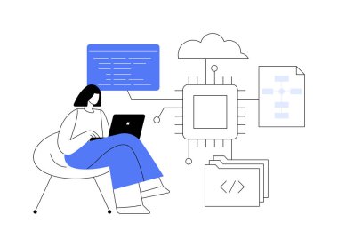 Sistem yazılım geliştirme soyut konsept vektör çizimi. Hepsi bir yazılım çözümünde, çekirdek sistem modernizasyonu, web tabanlı yazılım, veritabanı sistemleri ve uygulamalar soyut metafor oluşturur.