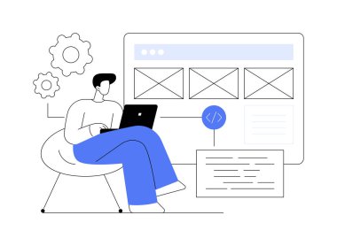 İniş sayfası geliştirme soyut konsept vektör çizimi. Ürün iniş sayfası, web sitesi geliştirme, pazarlama hizmeti, şirket sitesi elemanı, menü çubuğu tasarımı, portföy soyut metafor.