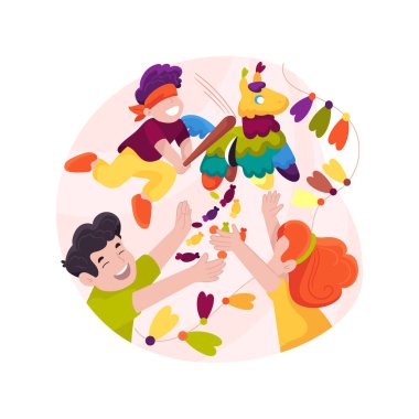 Pinata karikatür vektör çizimini izole etti. Doğum günü oyunu, kutlama, çocuk partisi, arka bahçe eğlencesi, renkli oyuncak eşek asan çocuk yarasalar, pinyatayı kırmak, Meksika gelenek vektör karikatürü.