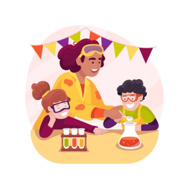 Bilim ekibi karikatür vektör illüstrasyonunu izole etti. Doğum günü partisi, laboratuvar, beyaz önlüklü şovmen, eğlenceli deneyler, çocuklar için bilim performansı, dekorasyon vektör karikatürü..