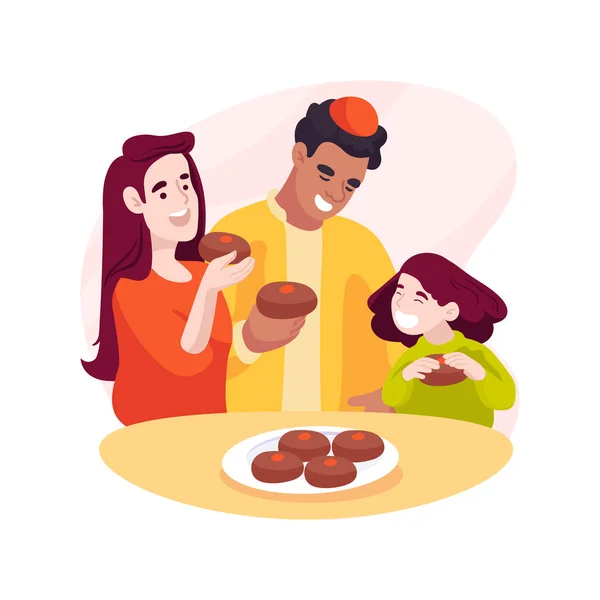 Sufganiyot Isolierte Zeichentrickvektorillustration Glückliche Familienmitglieder Essen Sufganiyot Und Feiern Hannukah — Stockvektor