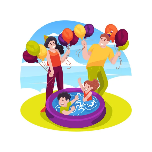 裏庭の楽しい孤立した漫画のベクトルイラスト 家族の生活 誕生日のお祝い 子供たちは水をはねます 膨脹プール 子供の裏庭のパーティー 楽しい屋外ベクトル漫画を持っています — ストックベクタ