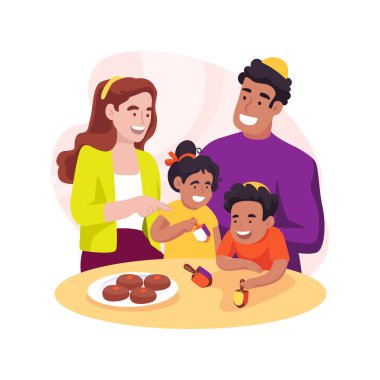 İzole edilmiş karikatür çizimi oynuyorum. Aile birlikte Dreidrel geleneksel Hanuka oyunu oynuyor, dini bayramlar, yahudi insanlar vektör karikatürünü kutluyor..