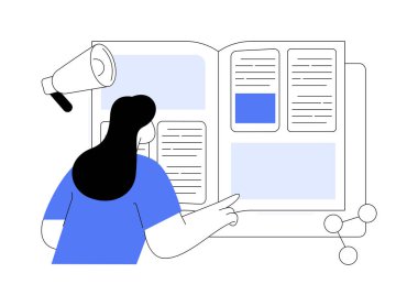 Dergi soyut konsept vektör çizimi. Periyodik yayın, son haberler, elektronik yayıncılık, çevrimiçi dergi, posta dağıtımı, gazete bayii ve kitapçı, soyut metaforu gözden geçir.